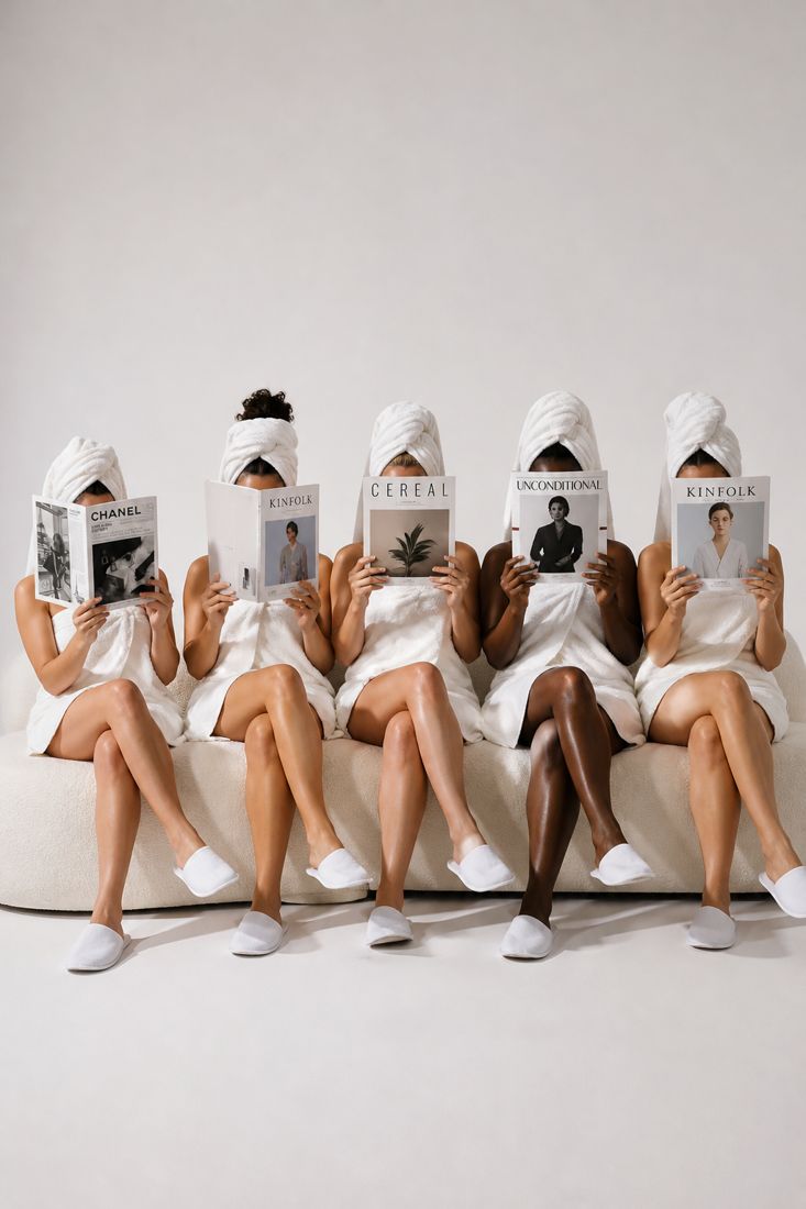 Fünf Frauen mit Handtuch-Turbanen sitzen auf einem Sofa und halten Magazine vor ihre Gesichter